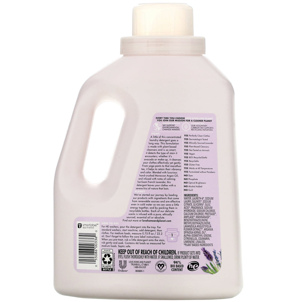 Love Home &amp; Planet, 4x koncentreret vaskemiddel, lavendel og arganolie, 50 fl oz (1,47 l)