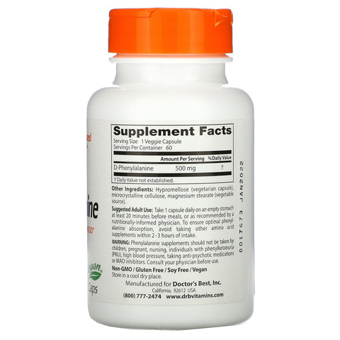 Doctor's Best, D-Phenylalanin, 500 mg, 60 Veggie-hætter