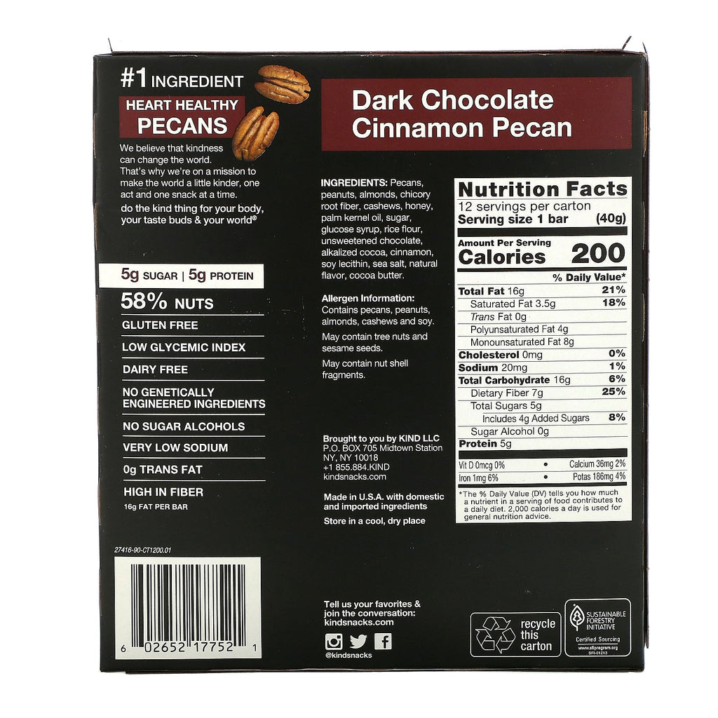 KIND Bars, chocolate amargo, canela y nueces, 12 barras, 1,4 oz (40 g) cada una