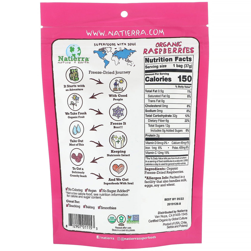 Natierra, frysetørret, hindbær, 1,3 oz (37 g)