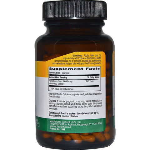 Country Life, vanadylsulfat, 5.000 mcg, 180 vegetariske kapsler