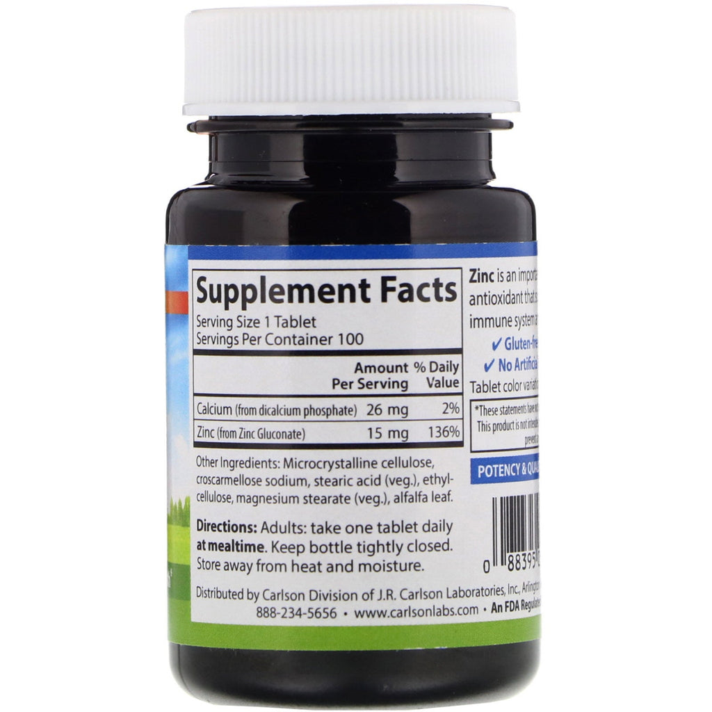 Carlson Labs, zink, 15 mg, 100 tabletter