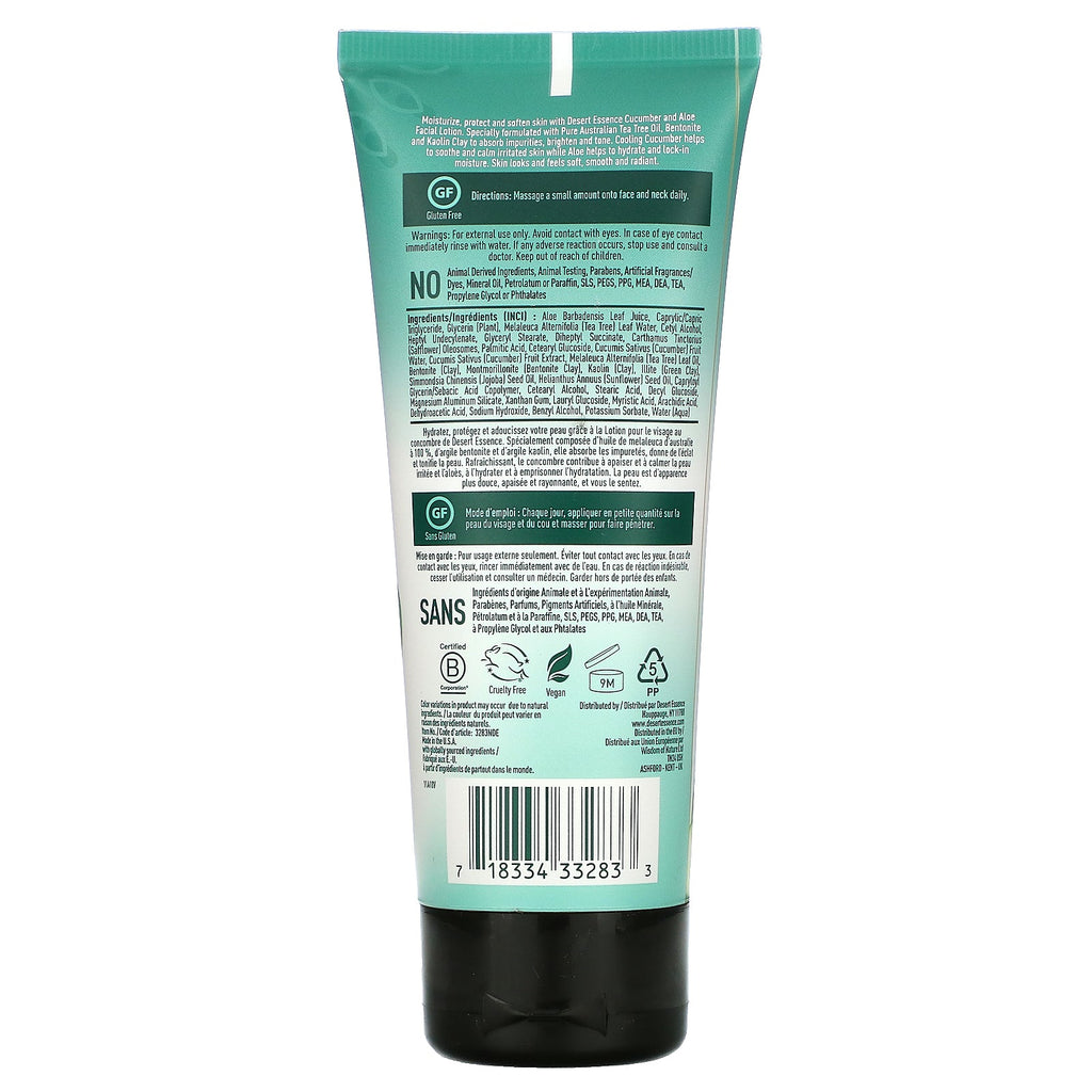 Desert Essence, Facial Lotion, Agurk &amp; Aloe, 3,4 oz (100 ml)