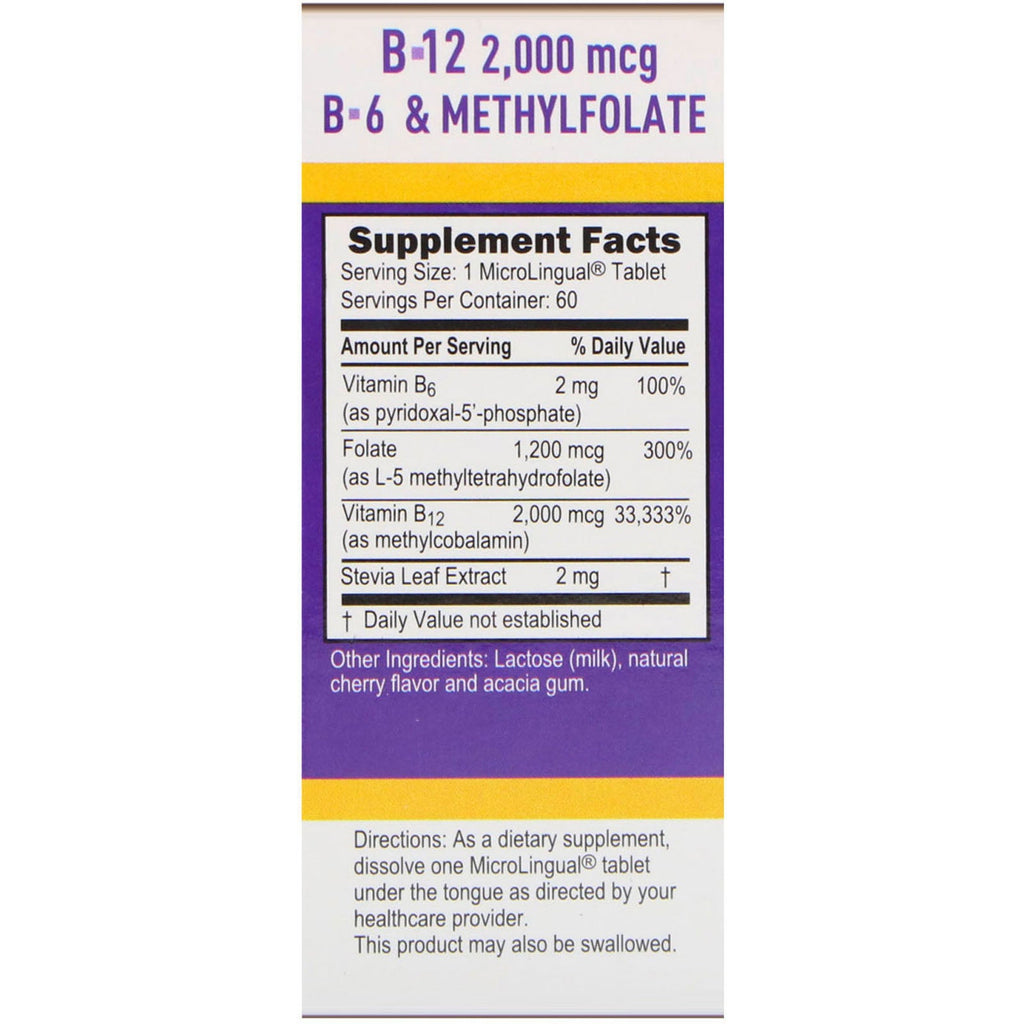 Superior kilde, aktiveret B-12 methylcobalamin, B-6 (P-5-P) &amp; methylfolat, 2.000 mcg/1.200 mcg, 60 tabletter