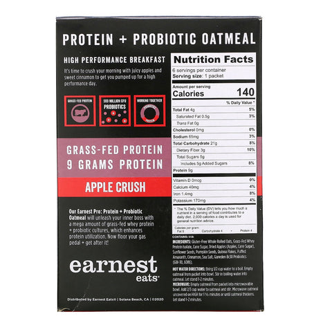 Earnest Eats, Avena instantánea con proteínas y probióticos, triturado de manzana, 6 paquetes, 8,47 oz (240 g)