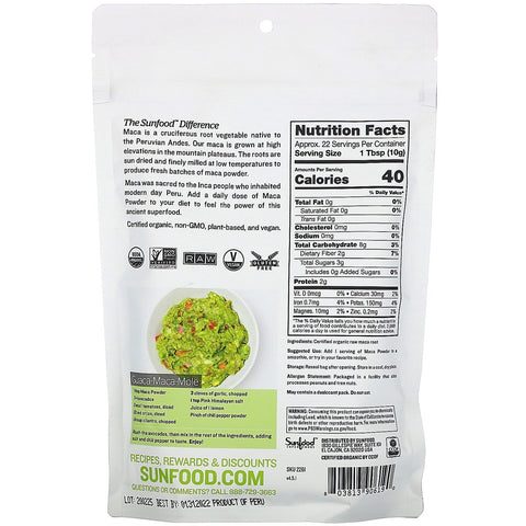 Sunfood, superalimentos, maca cruda en polvo, 8 oz (227 g)