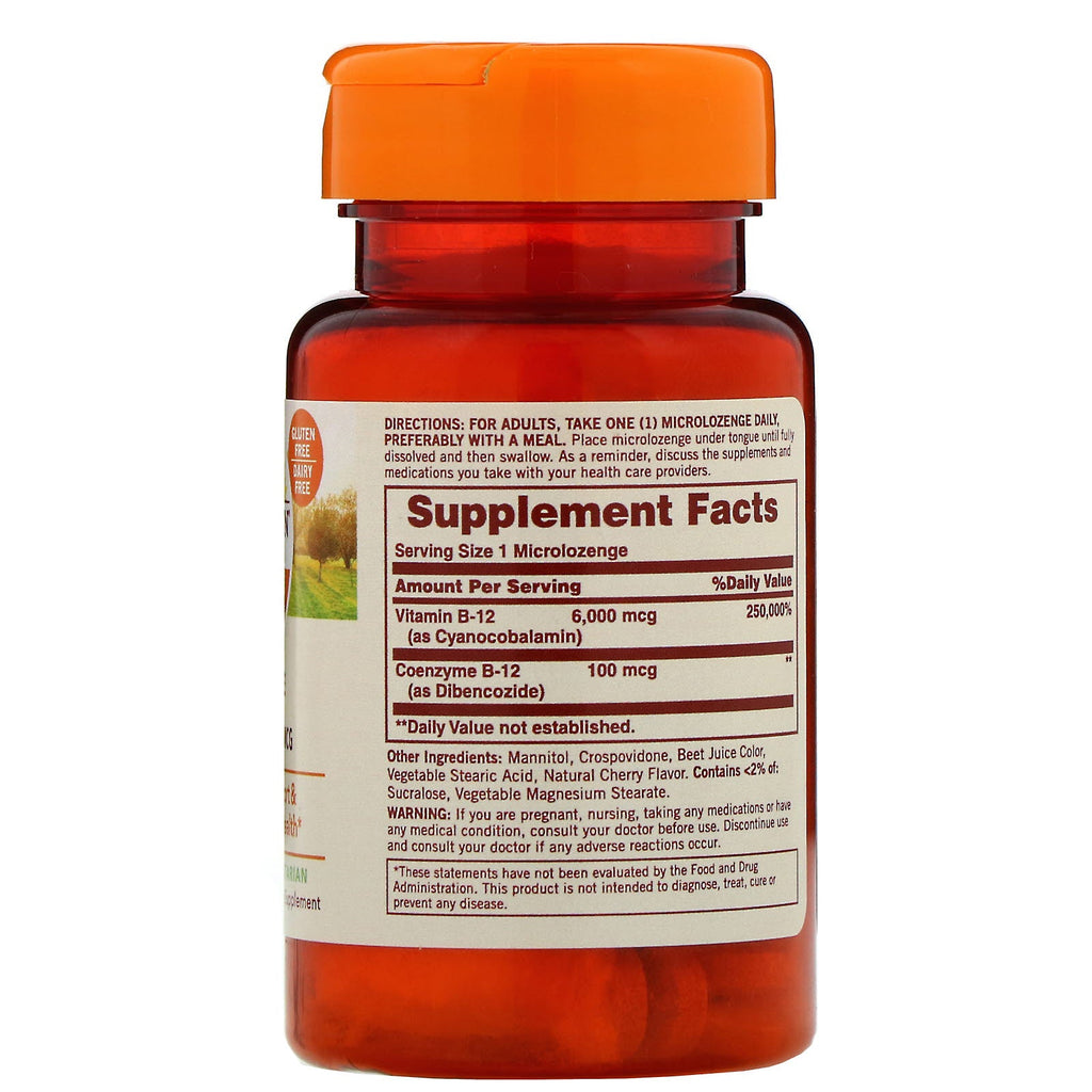 Sundown Naturals, Opløselig B12, Kirsebærsmag, 6.000 mcg, 60 mikropastiller