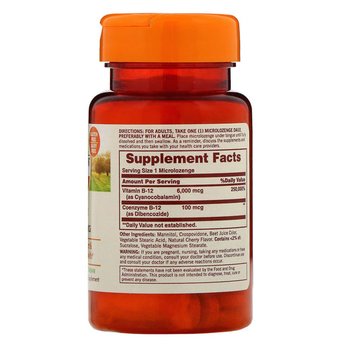 Sundown Naturals, Opløselig B12, Kirsebærsmag, 6.000 mcg, 60 mikropastiller