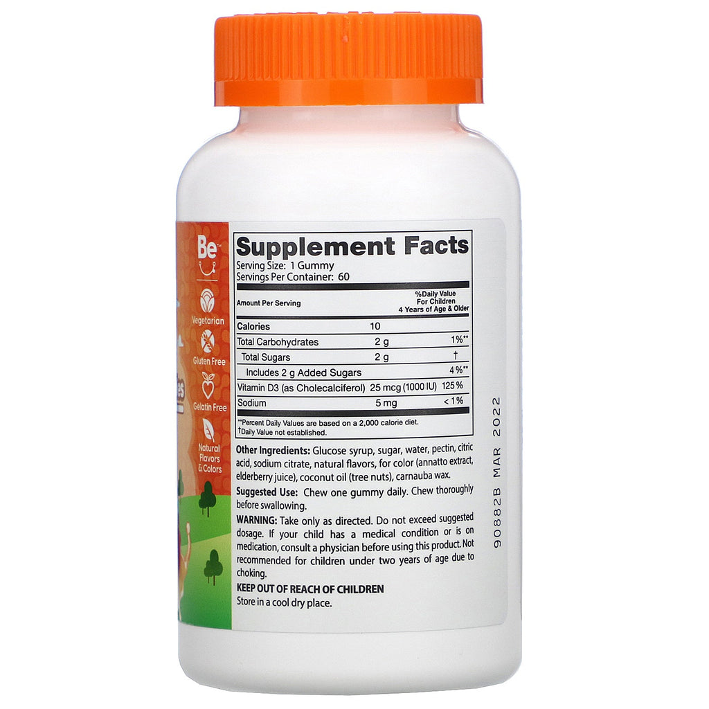 Doctor's Best, Doc's Kids, Gomitas con vitamina D3, sabores de frutas totalmente naturales, 25 mcg (1000 UI), 60 gomitas de pectina de frutas naturales