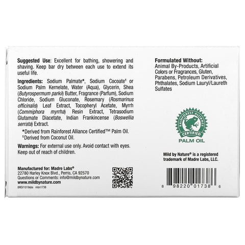 Mild By Nature, manteca de karité cruda, barra de jabón, con vitamina E, romero, mirra e incienso, 5 oz (141 g)