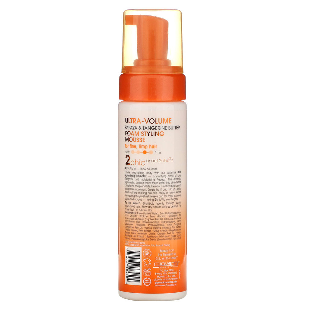 Giovanni, 2chic, Ultra-Volume Foam Styling Mousse, til fint slapt hår, papaya &amp; mandarinsmør, 7 fl oz (207 ml)