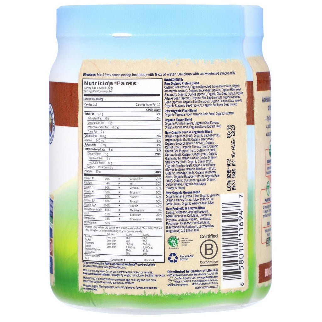 Garden of Life, RAW Meal, Shake &amp; Meal Replacement, Vanilla Spiced Chai, 16 oz (454 g)
