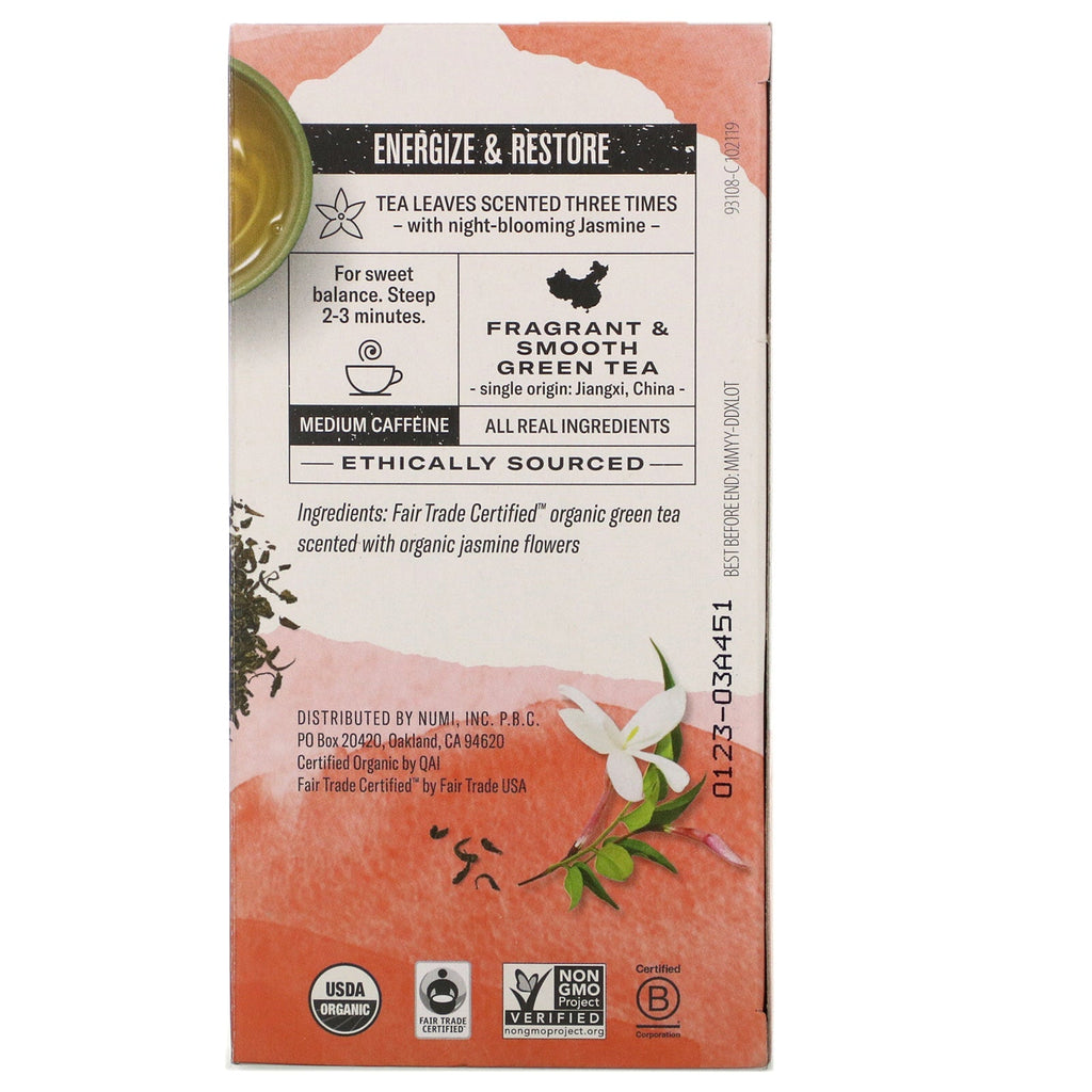 Numi te, grøn te, jasmingrøn, 18 teposer, 1,27 oz (36 g)