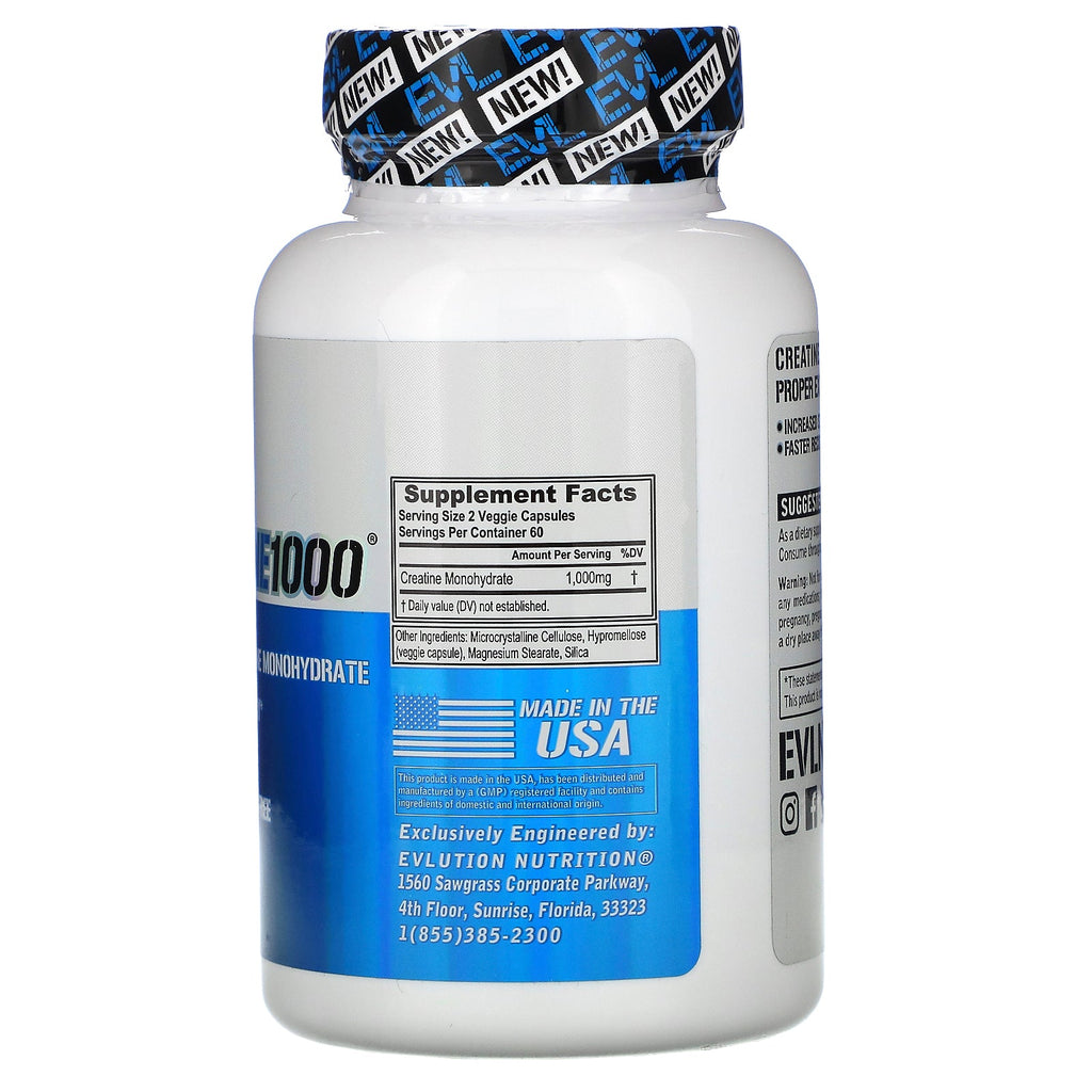 EVLution Nutrition, Creatine1000, 1.000 mg, 120 Veggie-kapsler