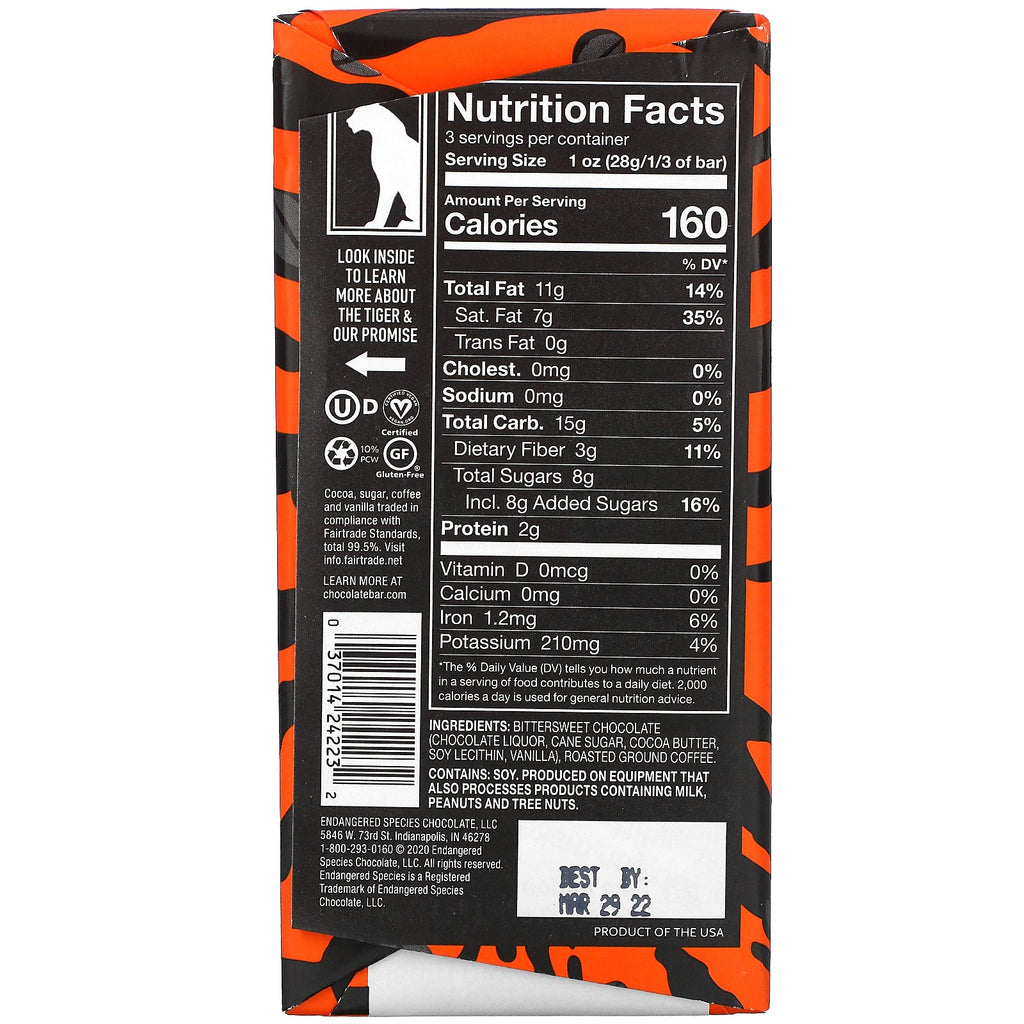 Truede arter chokolade, espressobønner + mørk chokolade, 72 % kakao, 3 oz (85 g)