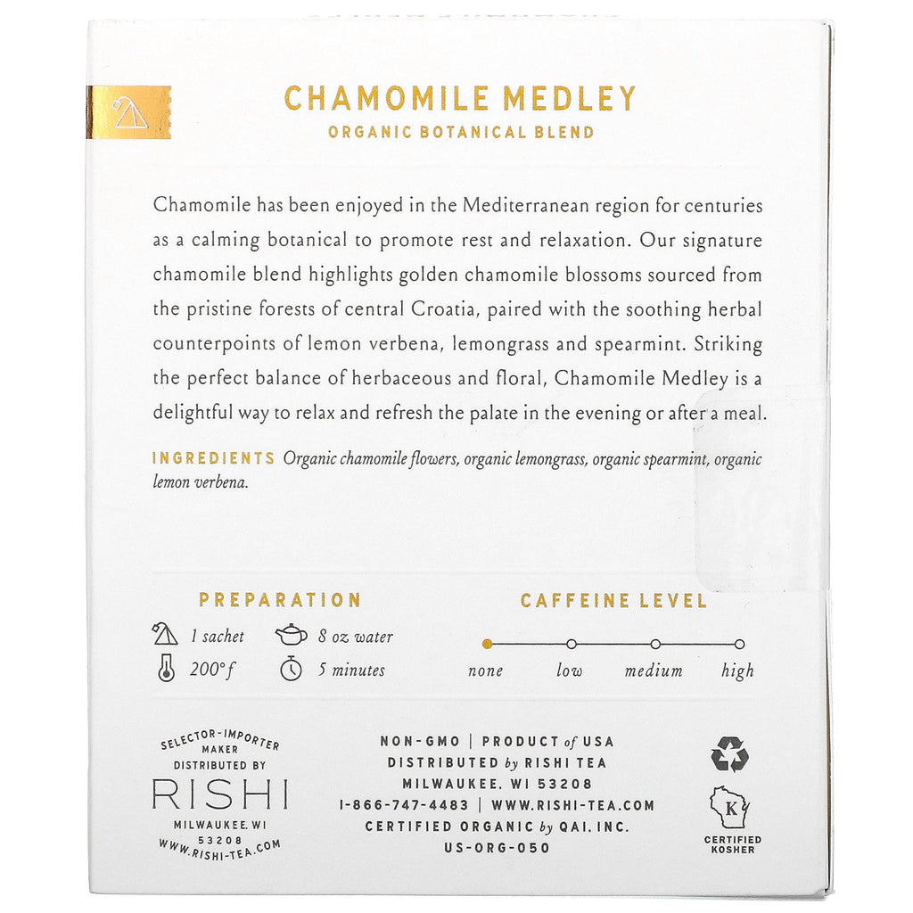 Rishi-te, urtete, kamillemedley, koffeinfri, 15 poser, 0,95 oz (27 g)