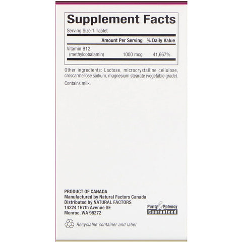 Naturlige faktorer, B12, Methylcobalamin, 1.000 mcg, 180 tyggetabletter