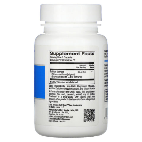 Lake Avenue Nutrition, extracto de azafrán, 88,5 mg, 60 cápsulas vegetales