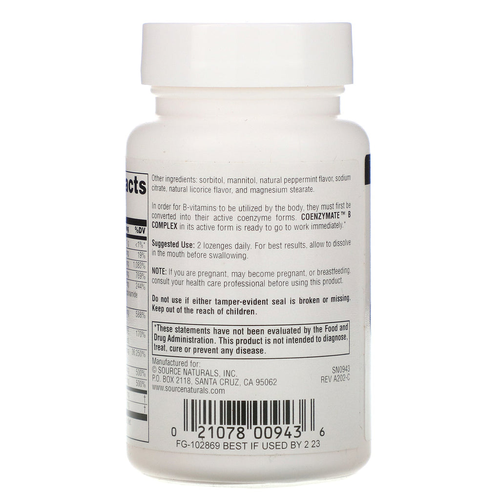 Source Naturals, Coenzymate B Complex, Pebermyntesmag, 60 sugetabletter