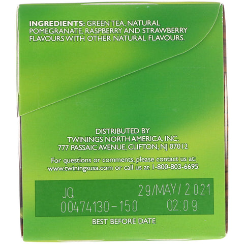 Twinings, grøn te, granatæble, hindbær og jordbær, 20 teposer, 1,06 oz (30 g)