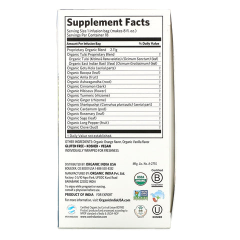 Indien, Tulsi Tea, Focus, Clementine Vanilla, Koffeinfri, 18 infusionsposer, 1,34 oz (38,08 g)