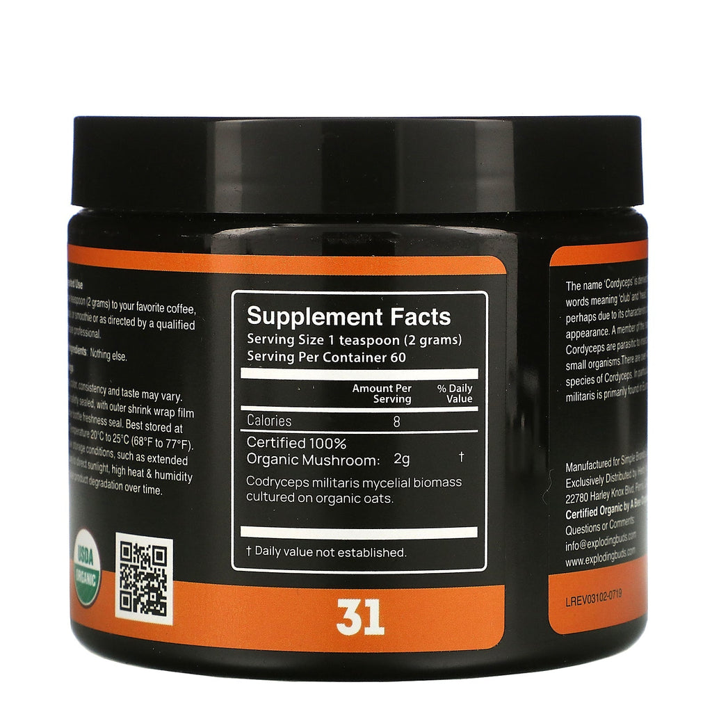 Exploding Buds, Cordyceps Militaris, Certified  Mushroom Powder, 4.2 oz (120 g)