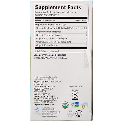 Indien, Tulsi te, rens, koffeinfri, 18 infusionsposer, 1,02 oz (28,8 g)