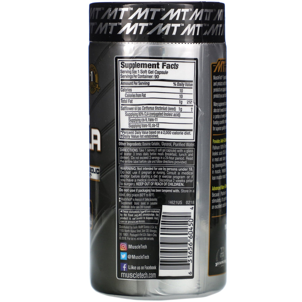 Muscletech, Essential Series, Platinum 100 % ren CLA, 800 mg, 90 bløde gelhætter