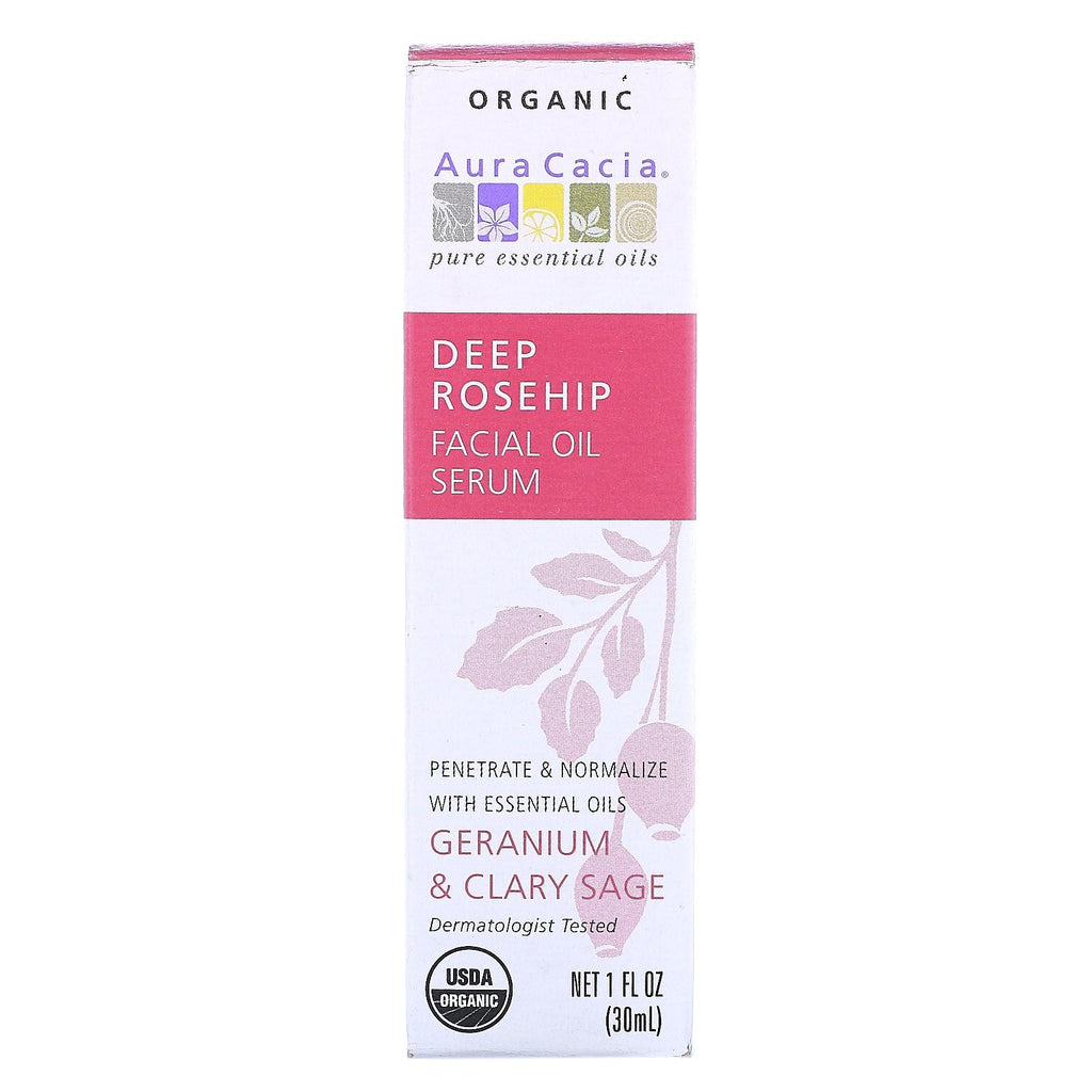 Aura Cacia, Deep Rosehip Essentials Facial Oil Serum, Geranium &amp; Clary Sage, 1 fl oz (30 ml)