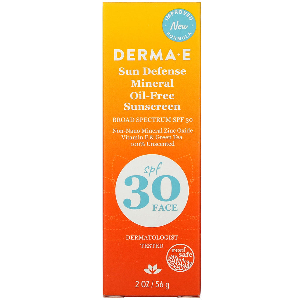Derma E, Sun Defense mineraloliefri solcreme, SPF 30, uparfumeret, 2 oz (56 g)