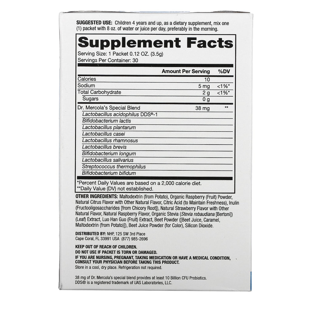 Dr. Mercola, komplette probiotika-pulverpakker til børn, naturlige hindbær, 10 milliarder CFU, 30 pakker, 0,12 oz (3,5 g) hver