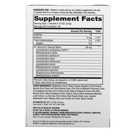 Dr. Mercola, komplette probiotika-pulverpakker til børn, naturlige hindbær, 10 milliarder CFU, 30 pakker, 0,12 oz (3,5 g) hver