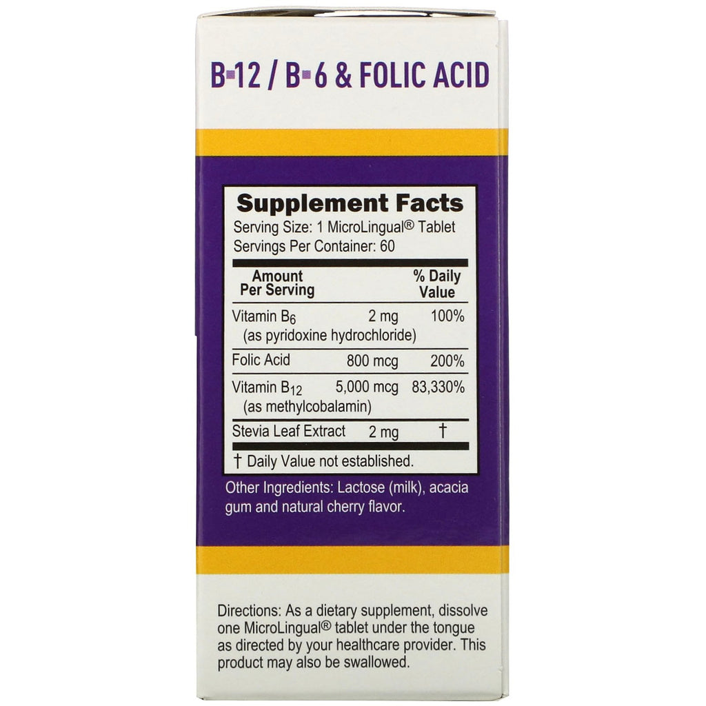 Superior Source, No Shot, Methylcobalamin B-12, B-6 &amp; Folinsyre, 5.000 mcg/800 mcg, 60 MicroLingual Instant Dissolve Tabletter