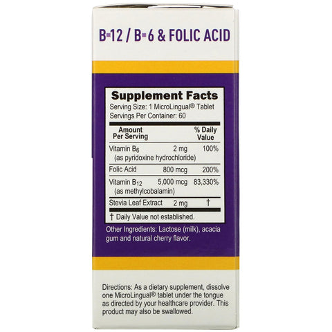 Superior Source, No Shot, Methylcobalamin B-12, B-6 & Folinsyre, 5.000 mcg/800 mcg, 60 MicroLingual Instant Dissolve Tabletter