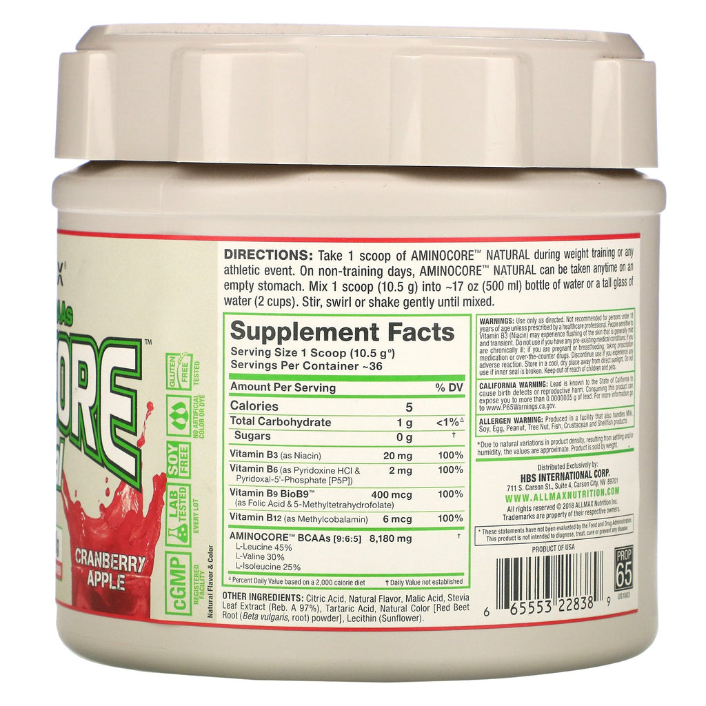 ALLMAX Nutrition, AMINOCORE Natural, Instantized BCAAs, Cranberry Apple, 13.3 oz (378 g)