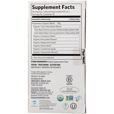 Indien, Tulsi-te, kanelrose, koffeinfri, 18 infusionsposer, 1,14 oz (32,4 g)
