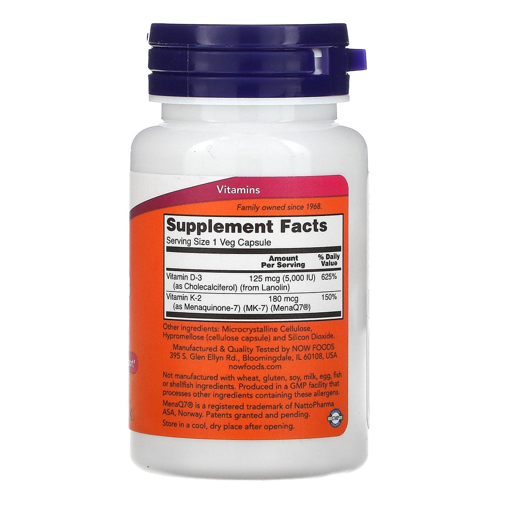 Now Foods, Mega D-3 &amp; MK-7, 180 mcg (5.000 IE), 60 vegetabilske kapsler