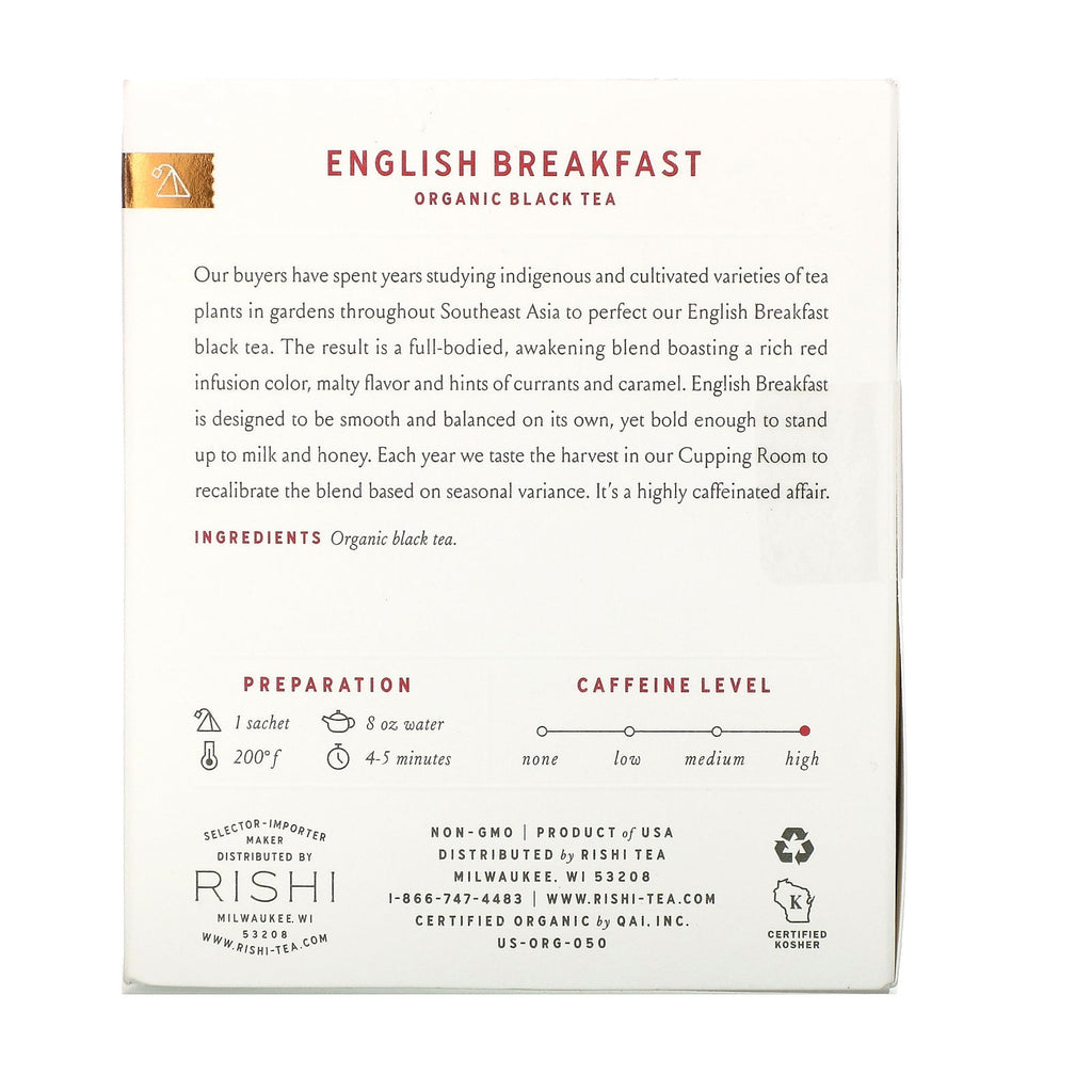 Rishi te, sort te, engelsk morgenmad, 15 poser, 1,69 oz (48 g)