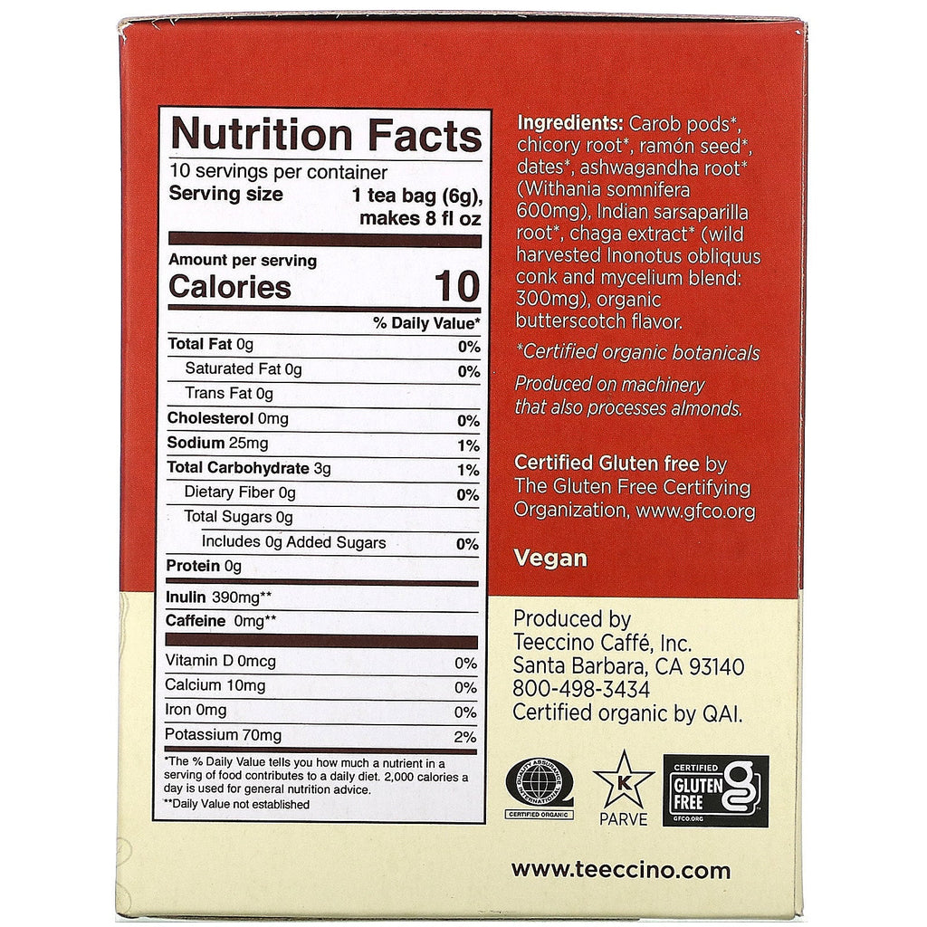 Teeccino, svampe-urtete, Chaga Ashwagandha, koffeinfri, 10 teposer, 2,12 oz (60 g)
