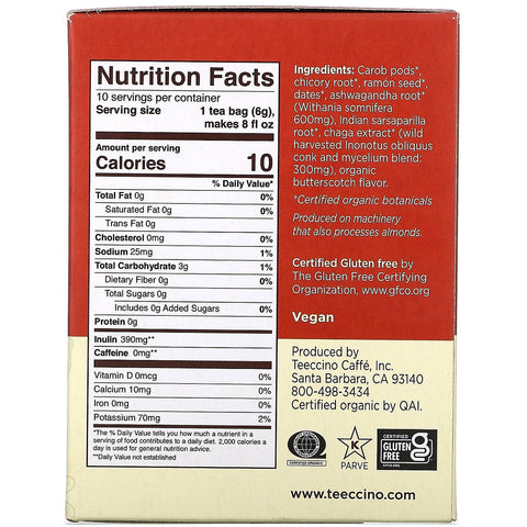 Teeccino, svampe-urtete, Chaga Ashwagandha, koffeinfri, 10 teposer, 2,12 oz (60 g)