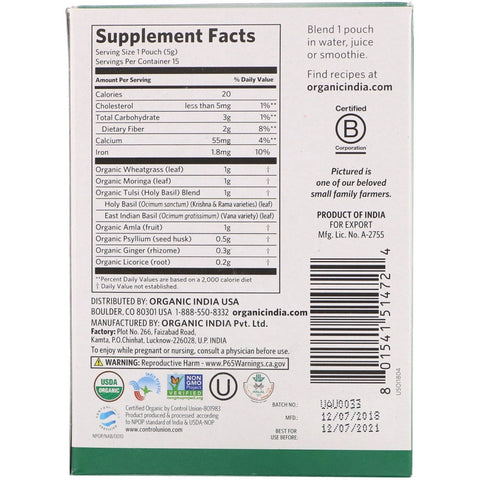 India, Tulsi Greens+ Lift, mezcla de superalimentos, 15 paquetes, 5 g (0,18 oz) cada uno