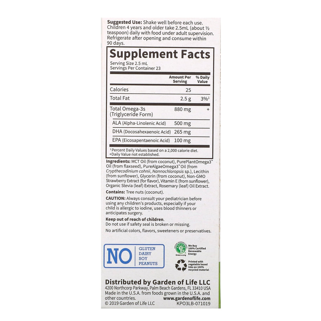 Garden of Life, Kids Plant Omega-3 Liquid, Strawberry, 2 fl oz (57,5 ml)