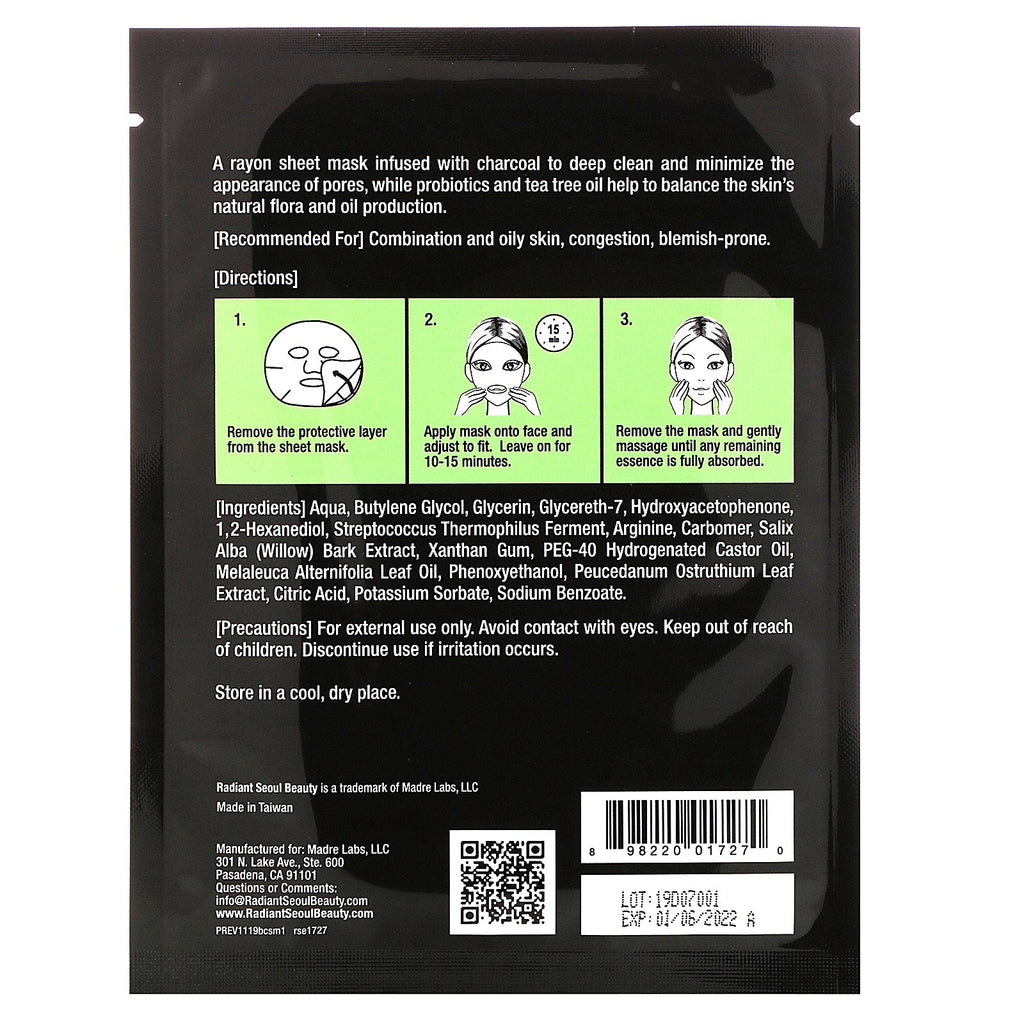 Radiant Seoul, Balancing Charcoal Sheet Mask, 1 Sheet Mask, 0,85 oz (25 ml)