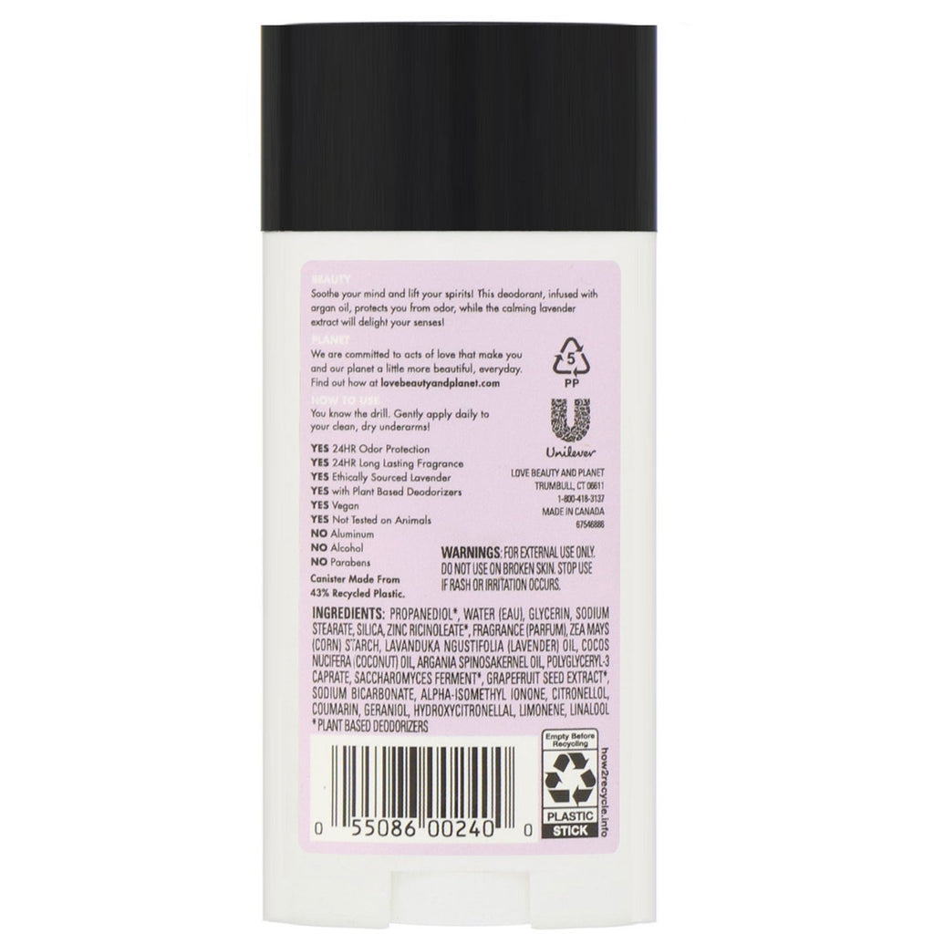 Love Beauty and Planet, afslappende deodorant, arganolie og lavendel, 2,95 fl oz (83,5 g)