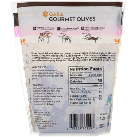 Gaea, Aceitunas Gourmet, Aceitunas Kalamata marinadas y deshuesadas, 4,2 oz (120 g)