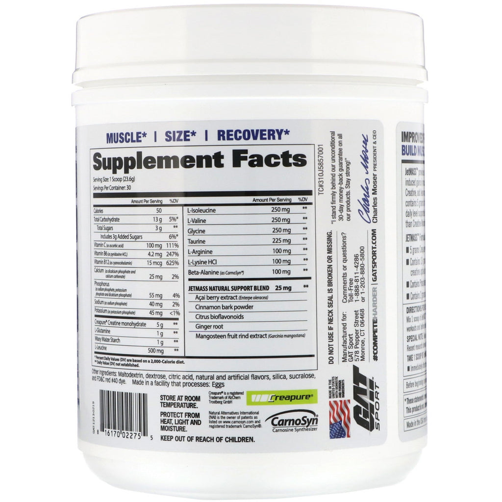 GAT, JetMASS, hurtigtvirkende volumengivende kreatinsystem, jordbærlemonade, 25 oz (708 g)