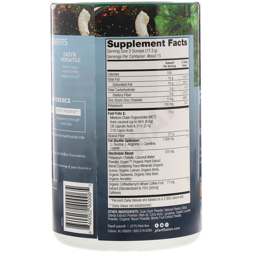PlantFusion, Fast Fats Refresher, Keto Energy, Peach Mango, 9.17 oz (260 g)