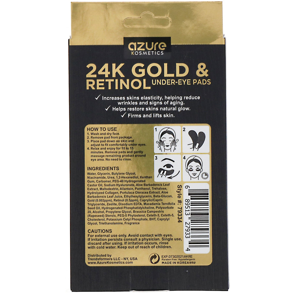 Azure Kosmetics, 24K guld og retinol, puder under øjnene, anti-aldring, 5 par