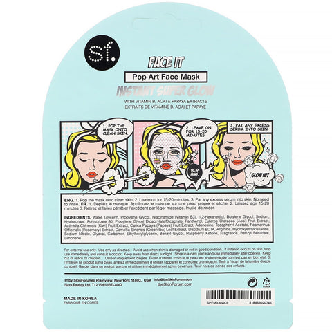 SFGlow, POP n' Glow, Face It, Pop Art ansigtsmaske, 1 ark, 0,85 oz (25 ml)