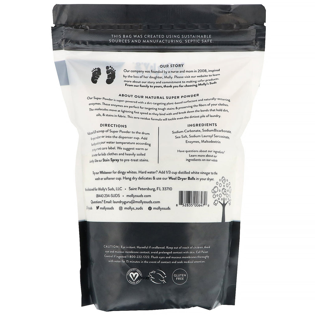 Molly's Suds, Super Powder vaskemiddel, uparfumeret, 60 læs, 60 oz